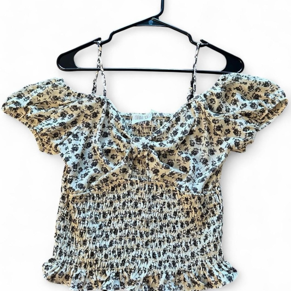 Black & White Floral Smocked Blouse
